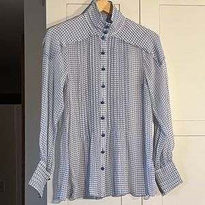 Plenty by Tracy Reese sheer tuxedo front coneflower blue and white blouse, sz S